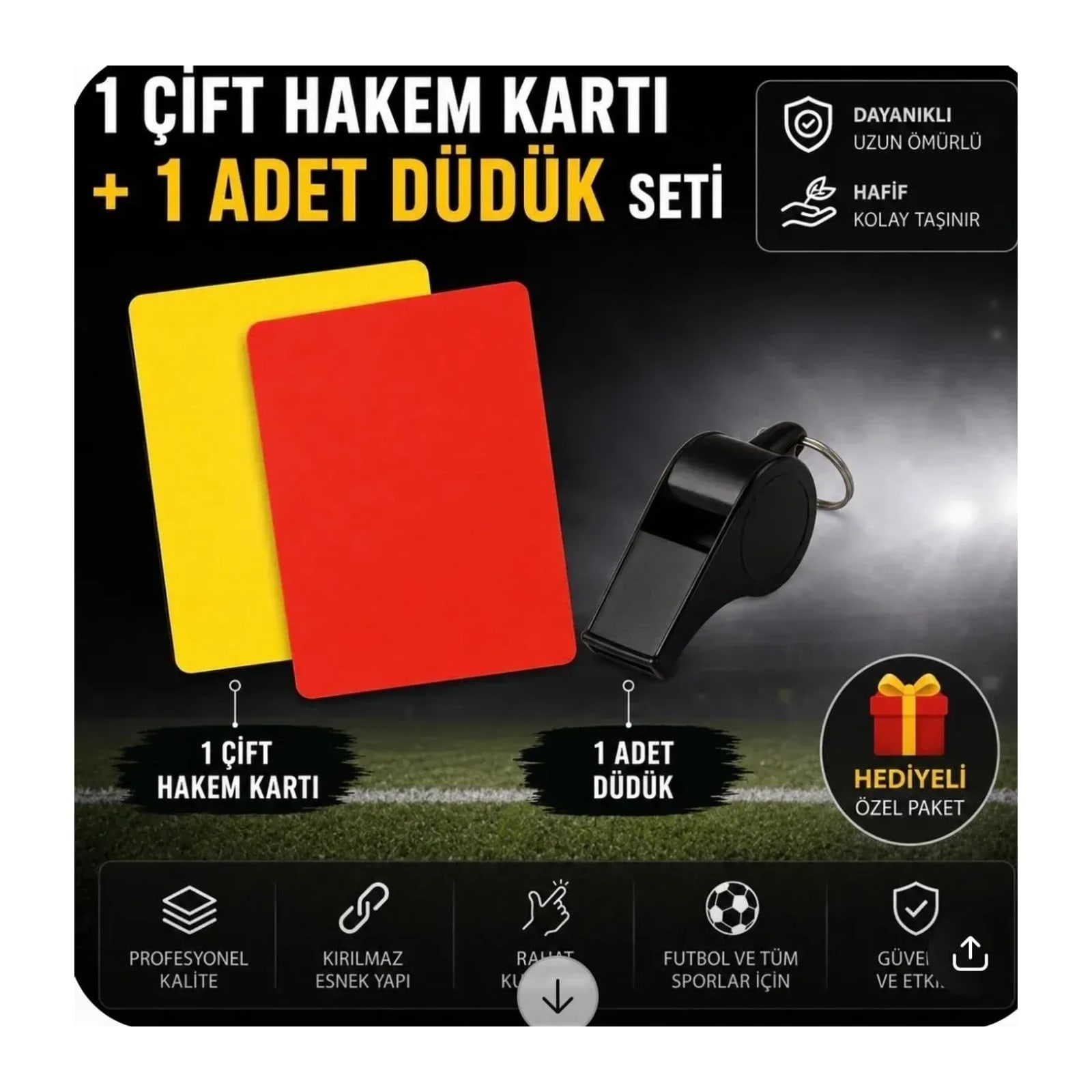 Futbol hakem kartı sarı ve kırmızı kart+düdük set